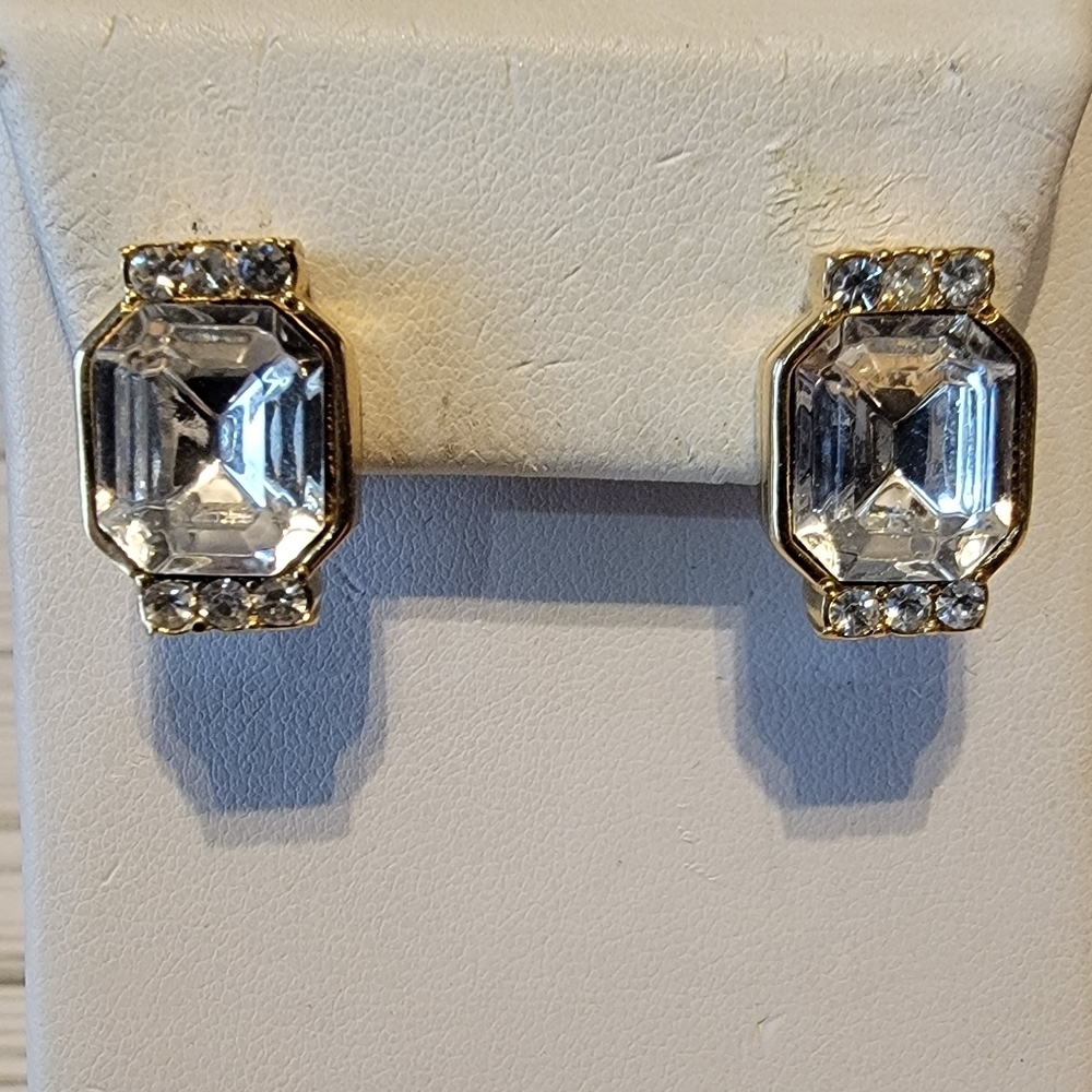 Vintage Richelieu Clear Rhinestone Emerald Cut Gold Tone Pierced Earrings